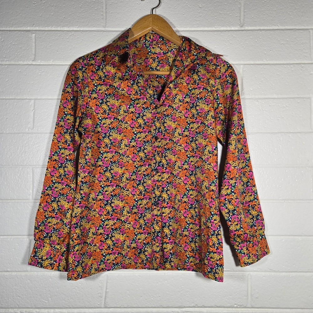Vtg 70s Floral Button Shirt Multicolor Retro Ditsy Print Boho Colorful Bright